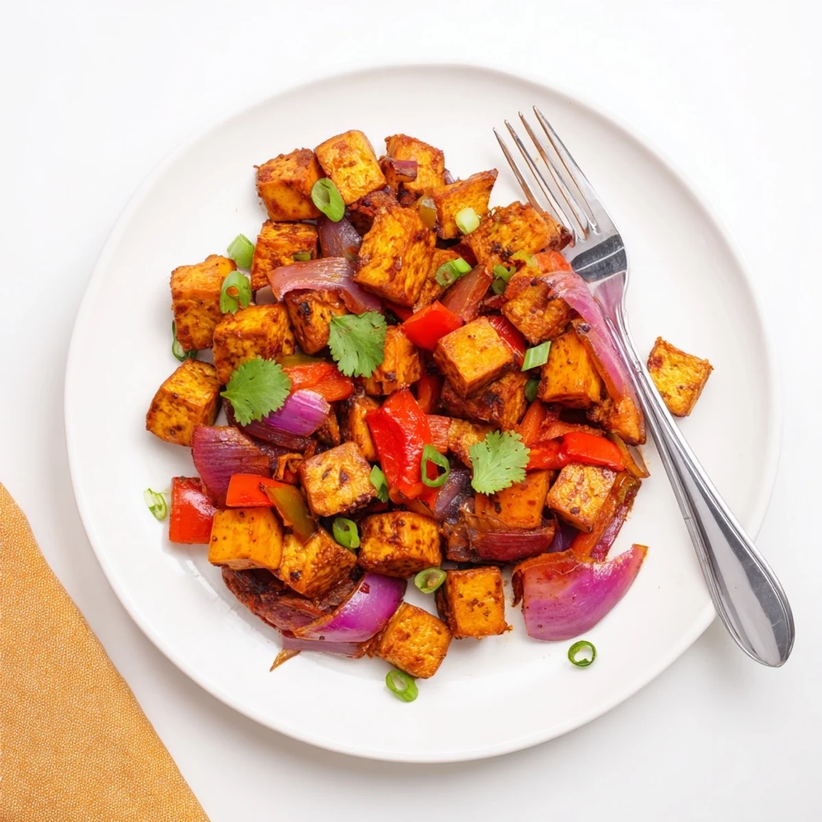 Vibrant BBQ Tofu & Sweet Potato Hash served with fresh cilantro, perfect for brunch.