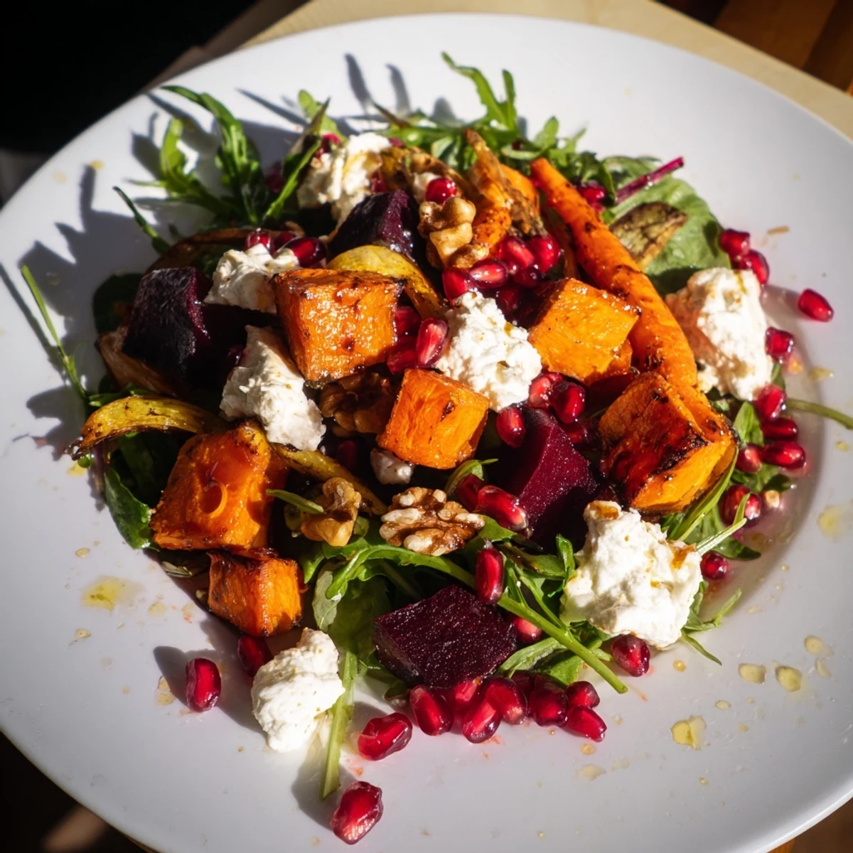Warm roasted root vegetables and goat cheese atop a bed of greens in this vibrant seasonal salad.