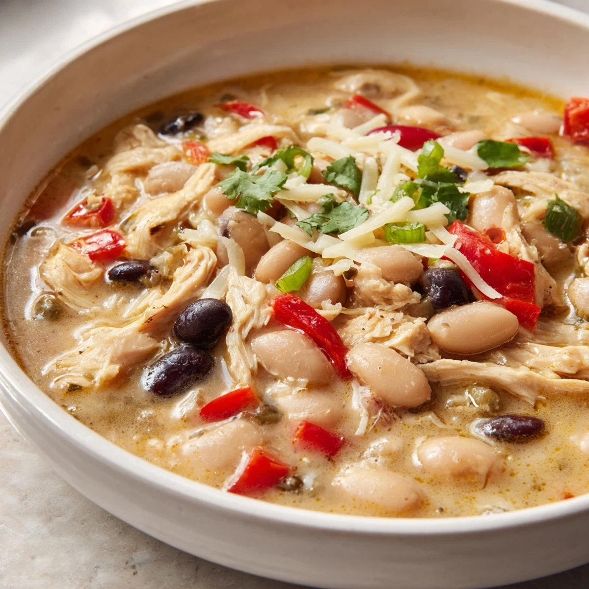 A steaming bowl of slow cooker white chicken chili with black beans, garnished with fresh cilantro.