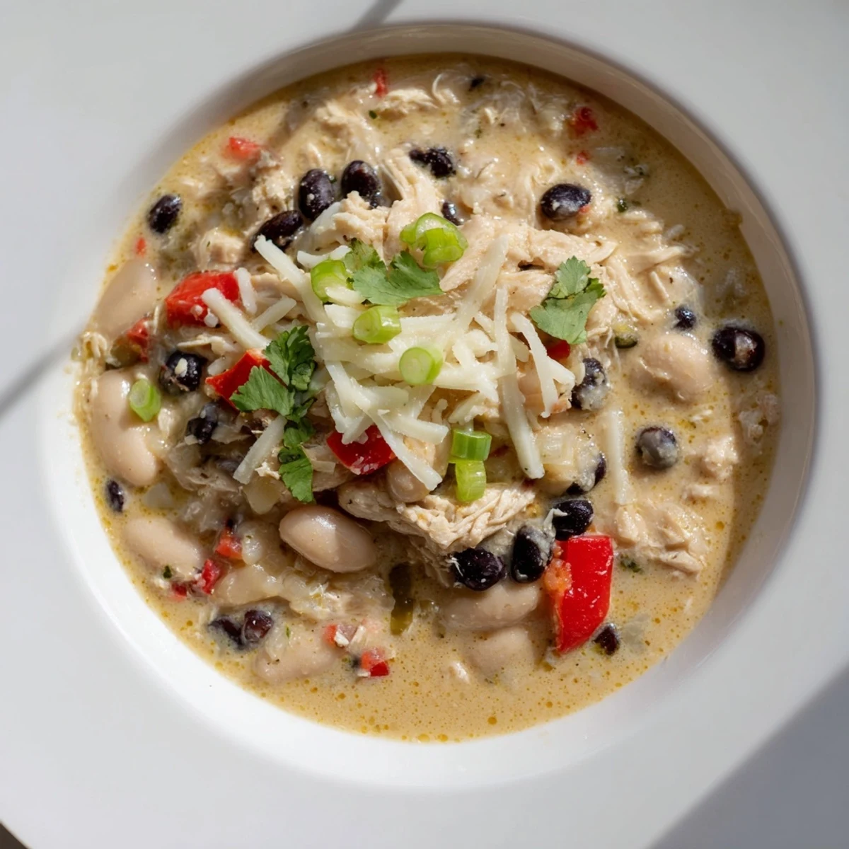 Rich and creamy slow cooker white chicken chili showcasing tender chicken and flavorful black beans.