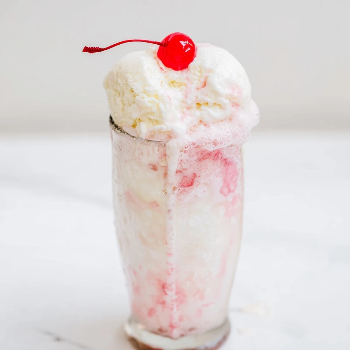 Vanilla ice cream melting into fizzy homemade cream soda, the perfect refreshing float.