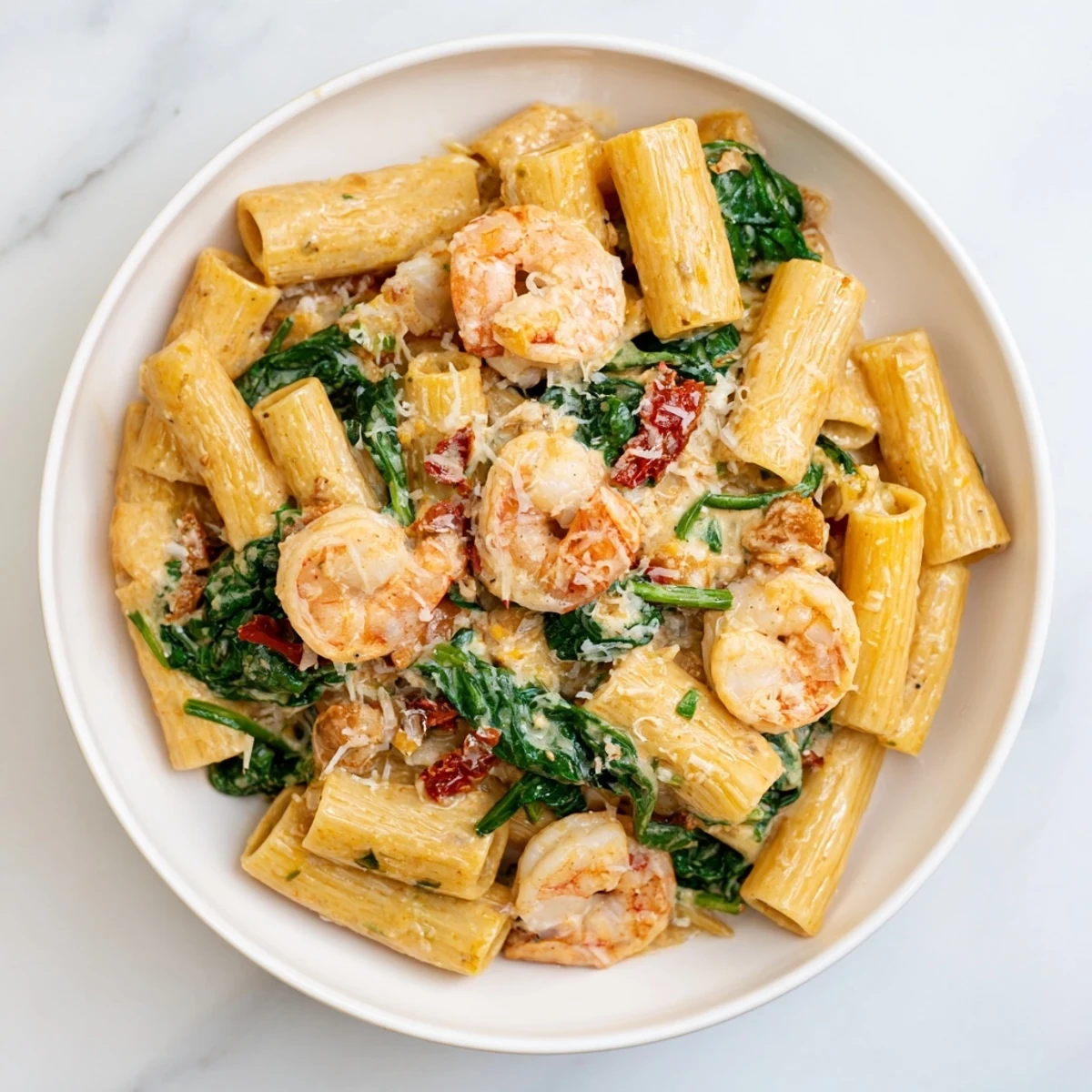 Close-up of a steaming bowl of One-Pot Marry Me Shrimp Pasta, garnished with fresh basil leaves.