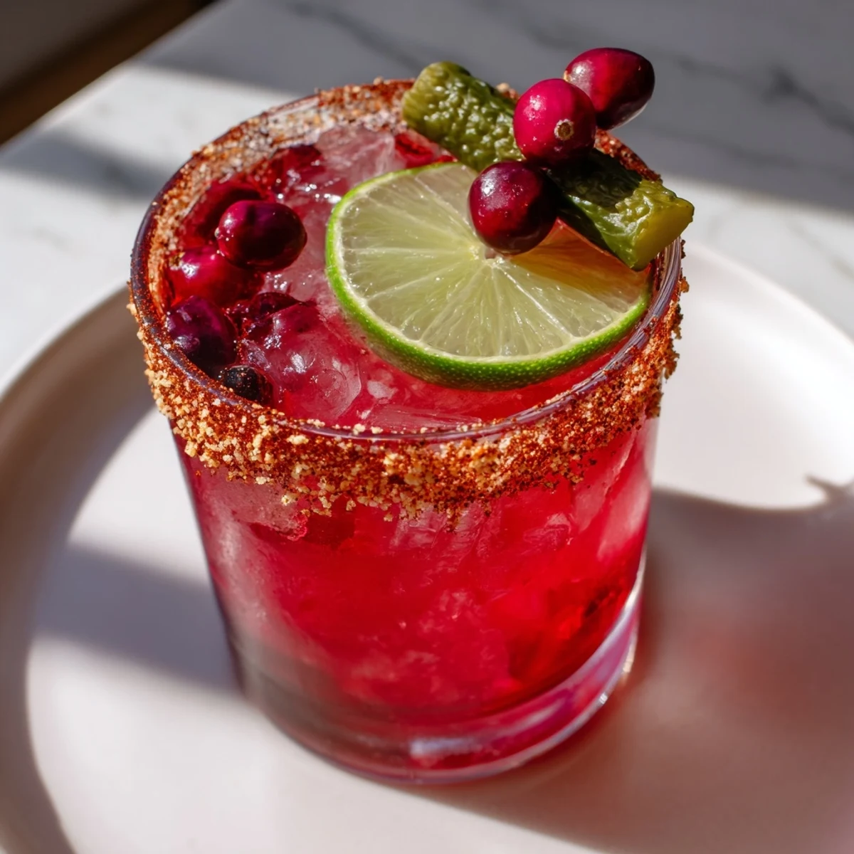 The spiced rim adds a wonderful kick to this homemade DIY cranberry-pickle margarita cocktail.