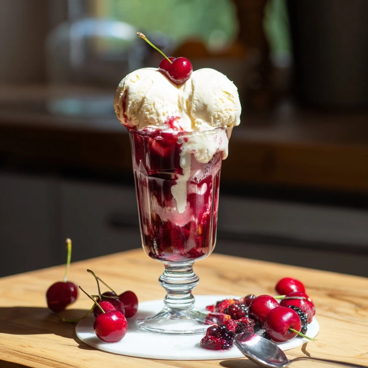 Homemade Fruit Soda Floats with vibrant cherry syrup, vanilla ice cream, and fresh berries make a perfect, refreshing summer dessert.