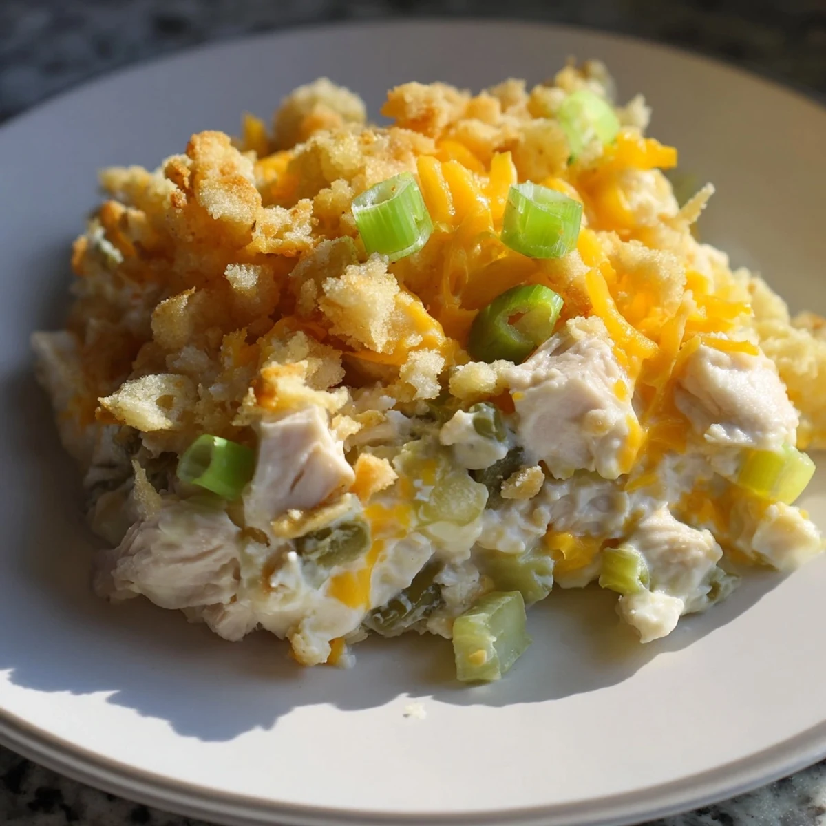 Golden-brown Neiman Marcus-Style Chicken Casserole with a crispy cracker topping, ready to serve and enjoy.