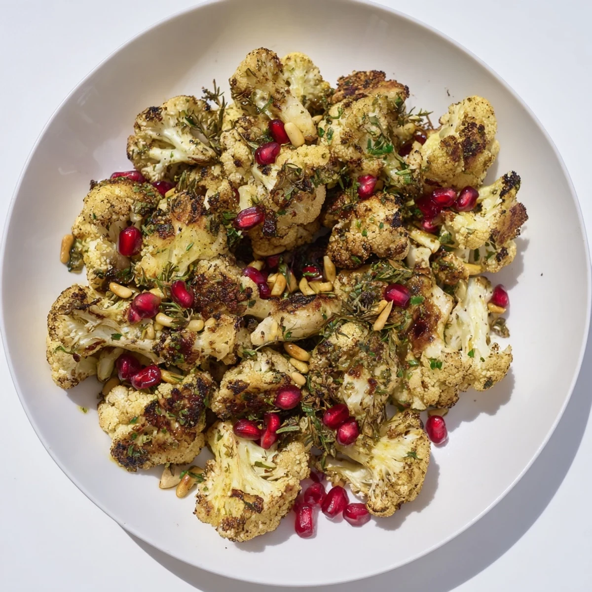 Golden roasted garlic and herb cauliflower wreath, ready to serve with vibrant pomegranate and herbs.