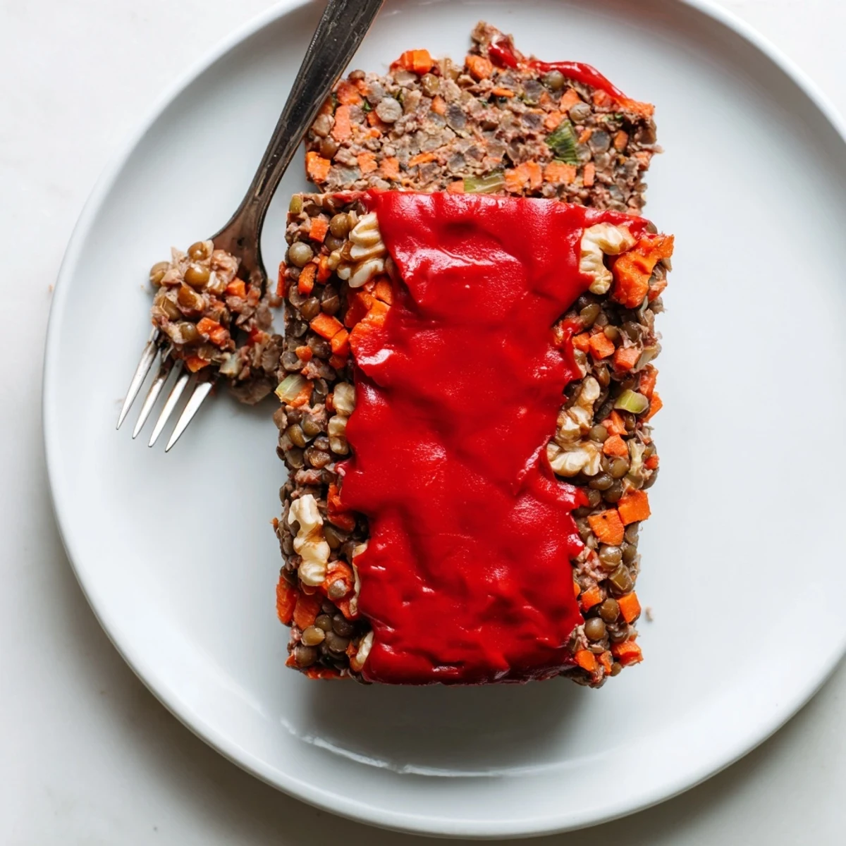 Close-up of Festive Lentil Loaf showcasing its moist texture and shiny, flavorful red pepper glaze.