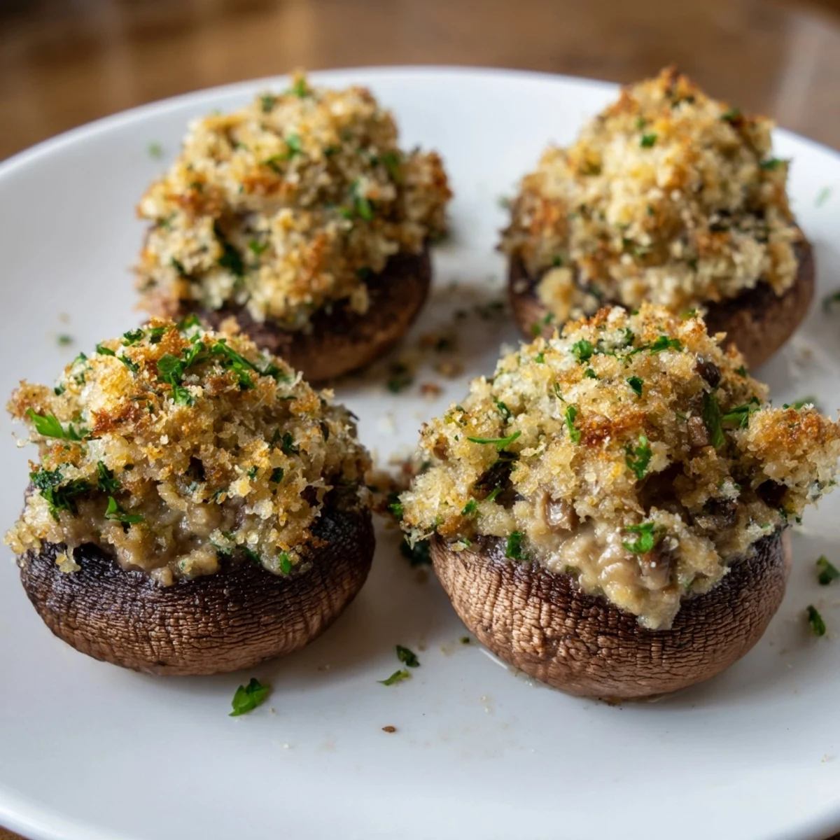 A close-up view of richly filled Air Fryer Holiday Stuffed Mushrooms, ready to enjoy with a holiday meal.