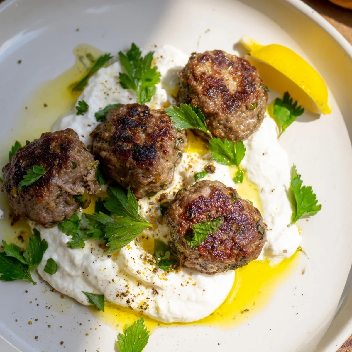 Garlic herb lamb meatballs, juicy and browned, served with creamy zaatar yogurt for dipping.