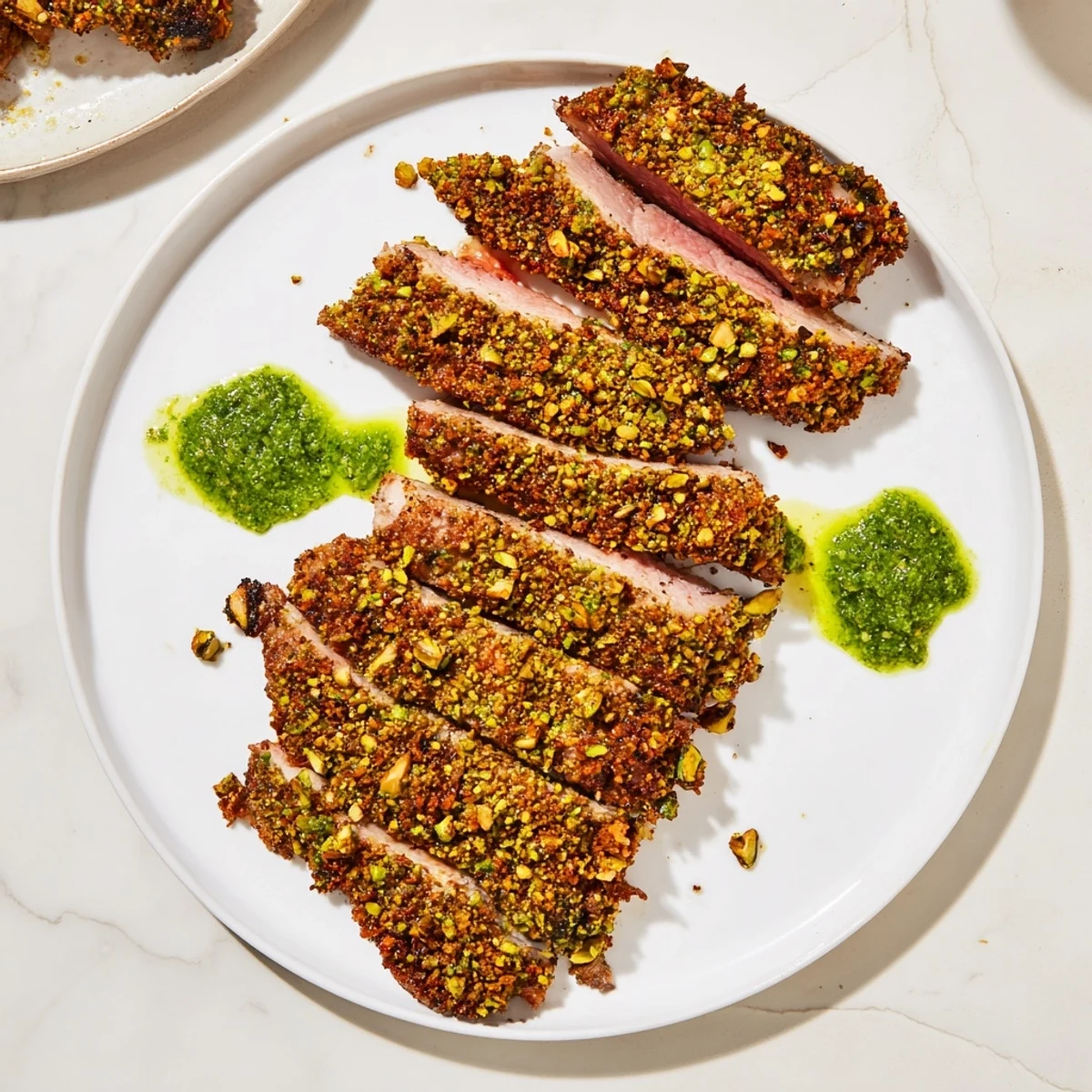 Oven-baked pistachio crusted turkey tenders, a gluten-free delight, with a fresh herb chimichurri.