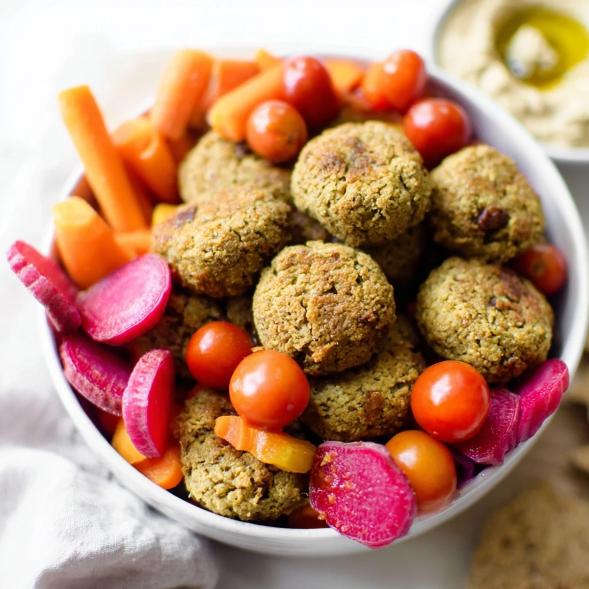 This delicious Gluten-Free Holiday Falafel Board features golden-brown falafel nestled among fresh, colorful vegetables.