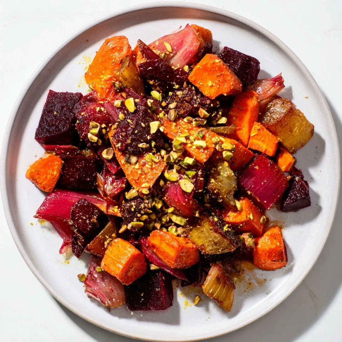 Warm and flavorful, picture the tender Balsamic Glazed Root Vegetables with a sprinkle of pistachio topping.