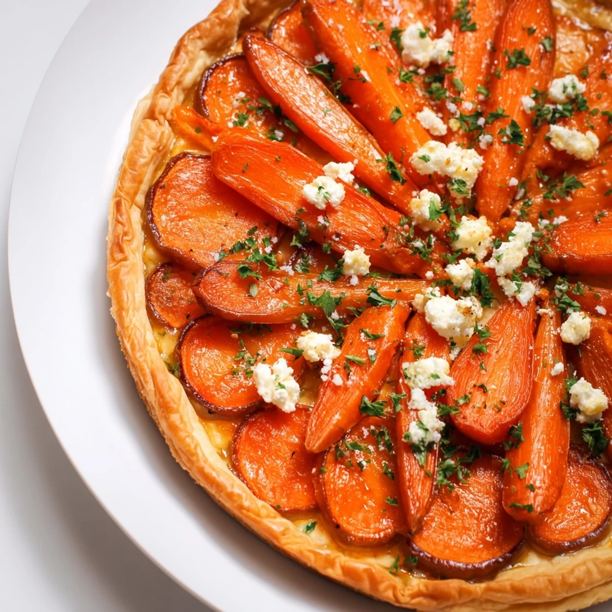 Golden brown Maple Miso Carrot Tart, featuring caramelized carrots over creamy goat cheese.