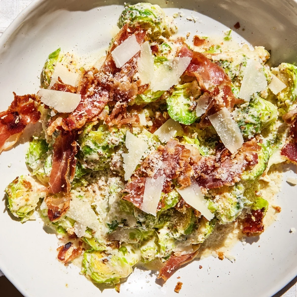 Warm Brussels Sprouts Caesar salad with crispy prosciutto, a gourmet side dish, looks delicious and inviting.