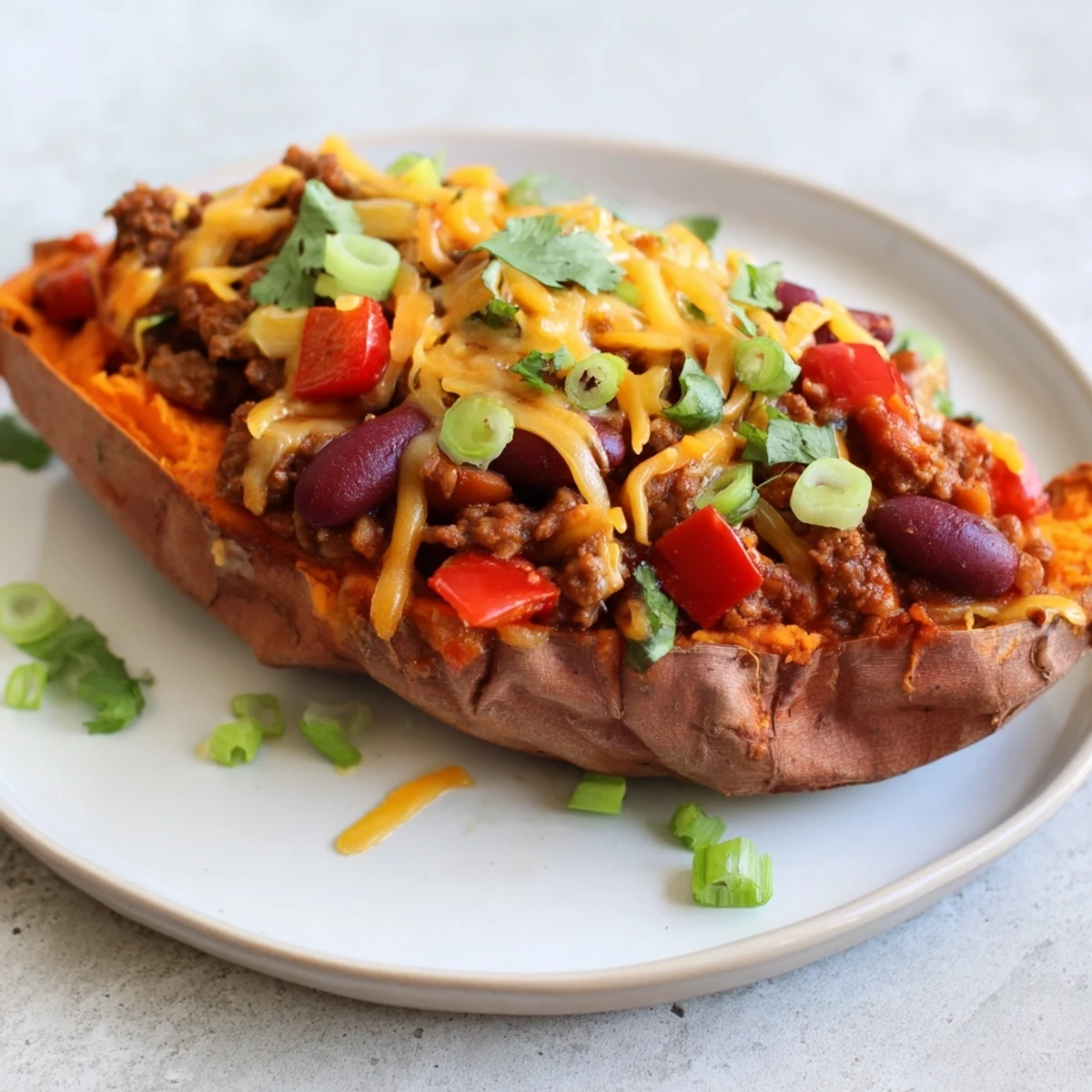 Steaming hot, the baked sweet potato stuffed with chili offers savory aromas and vibrant colors.