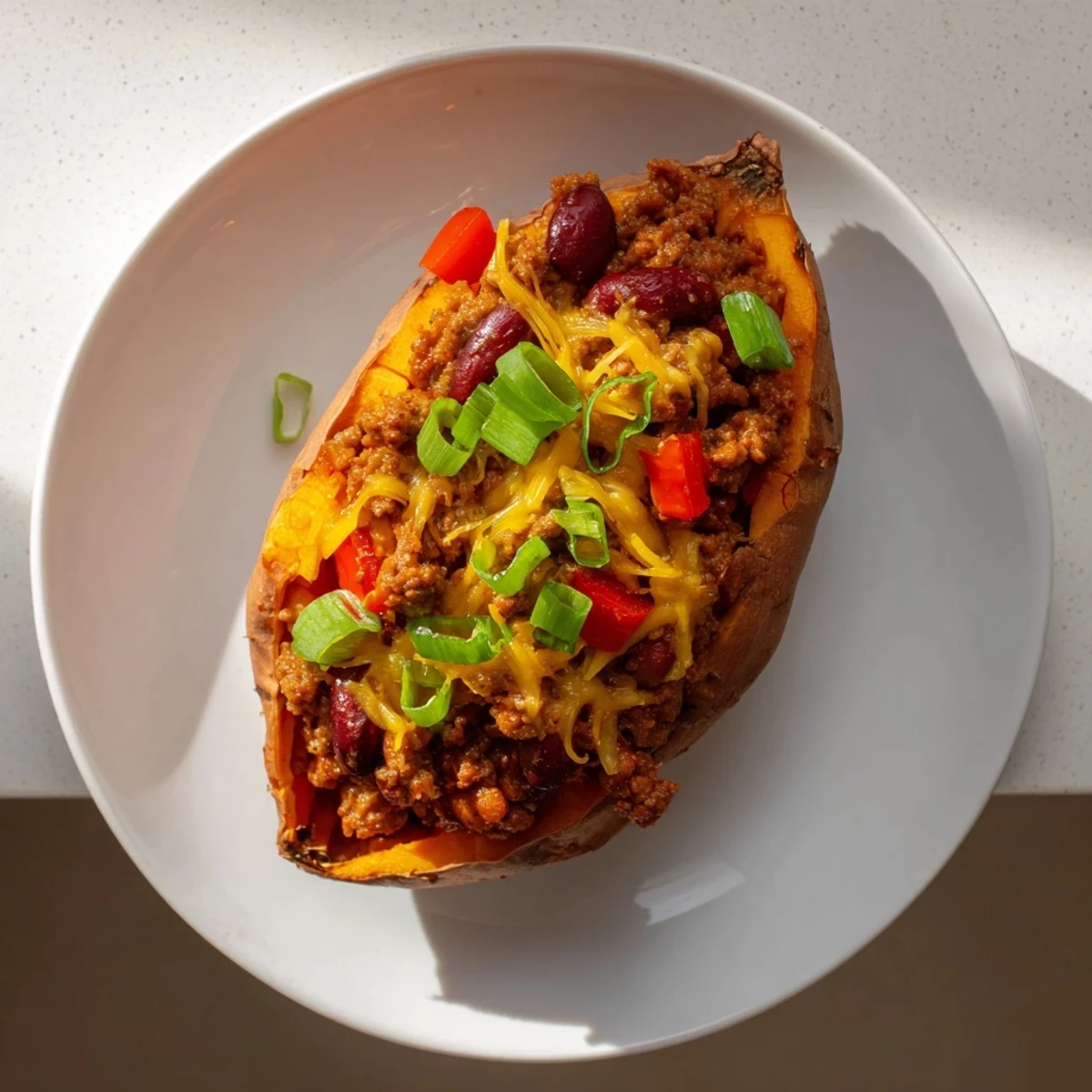 Bright orange sweet potatoes filled with chili; a delicious, comforting meal, perfect for a cozy dinner.