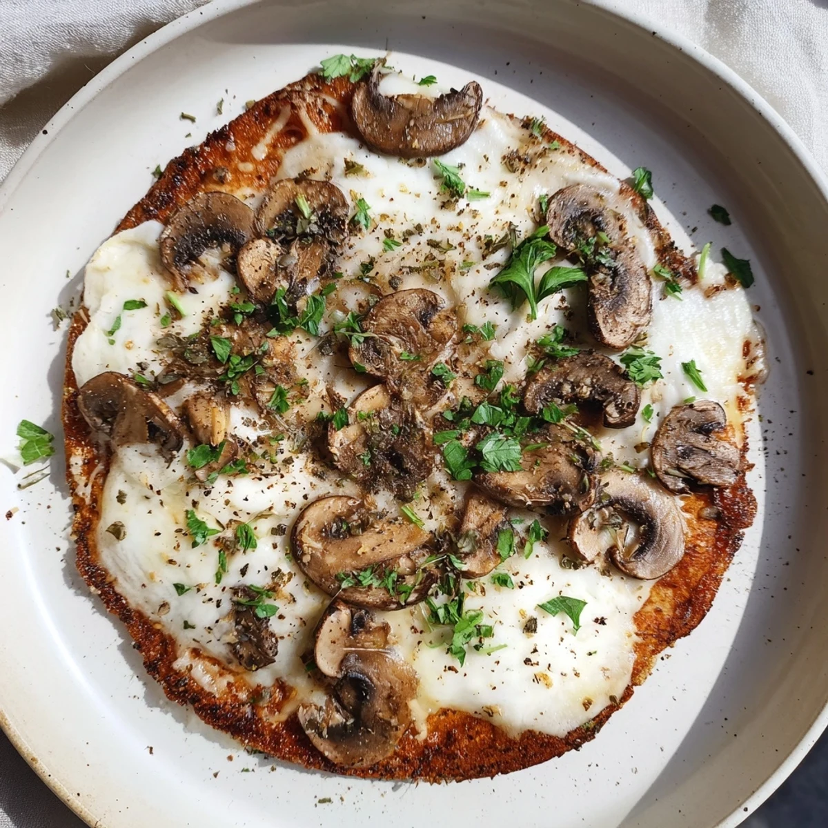 Crispy, bubbling, gourmet Frozen Pizza Upgrade with Mushrooms, fragrant herbs, and melted mozzarella.