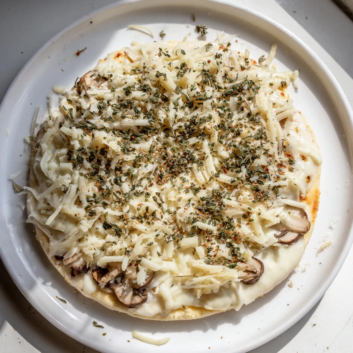 Homemade-style Frozen Pizza Upgrade with Mushrooms, herbs, and extra cheese, ready to slice and eat.