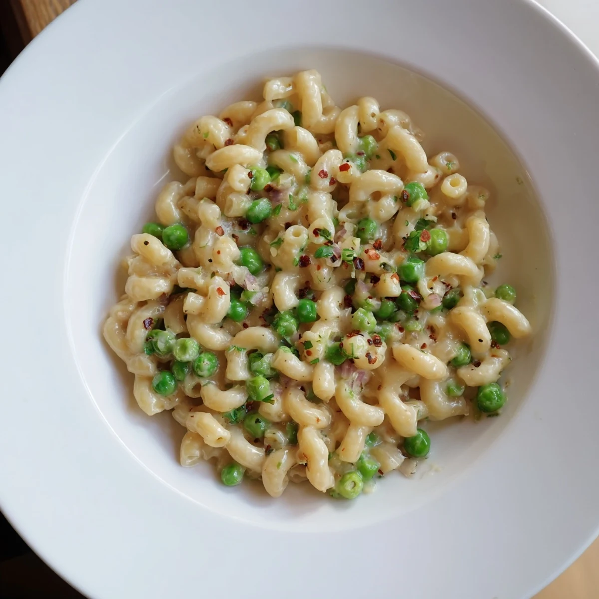 Close-up of golden Macaroni & Peas, with a sprinkle of Parmesan, and fresh green peas.