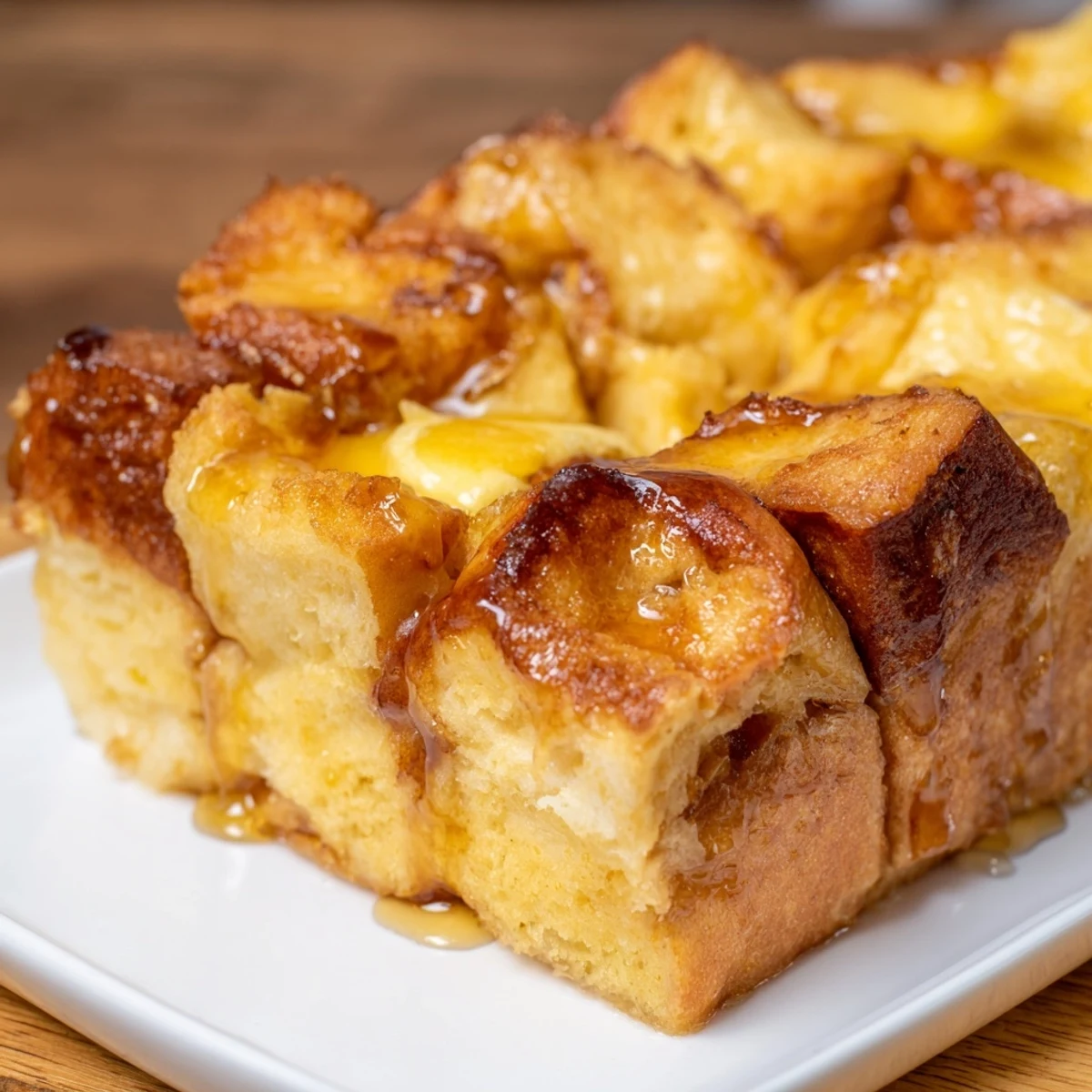 Imagine a close-up of this baked French Toast, the custardy bread absorbing the delicious flavors.