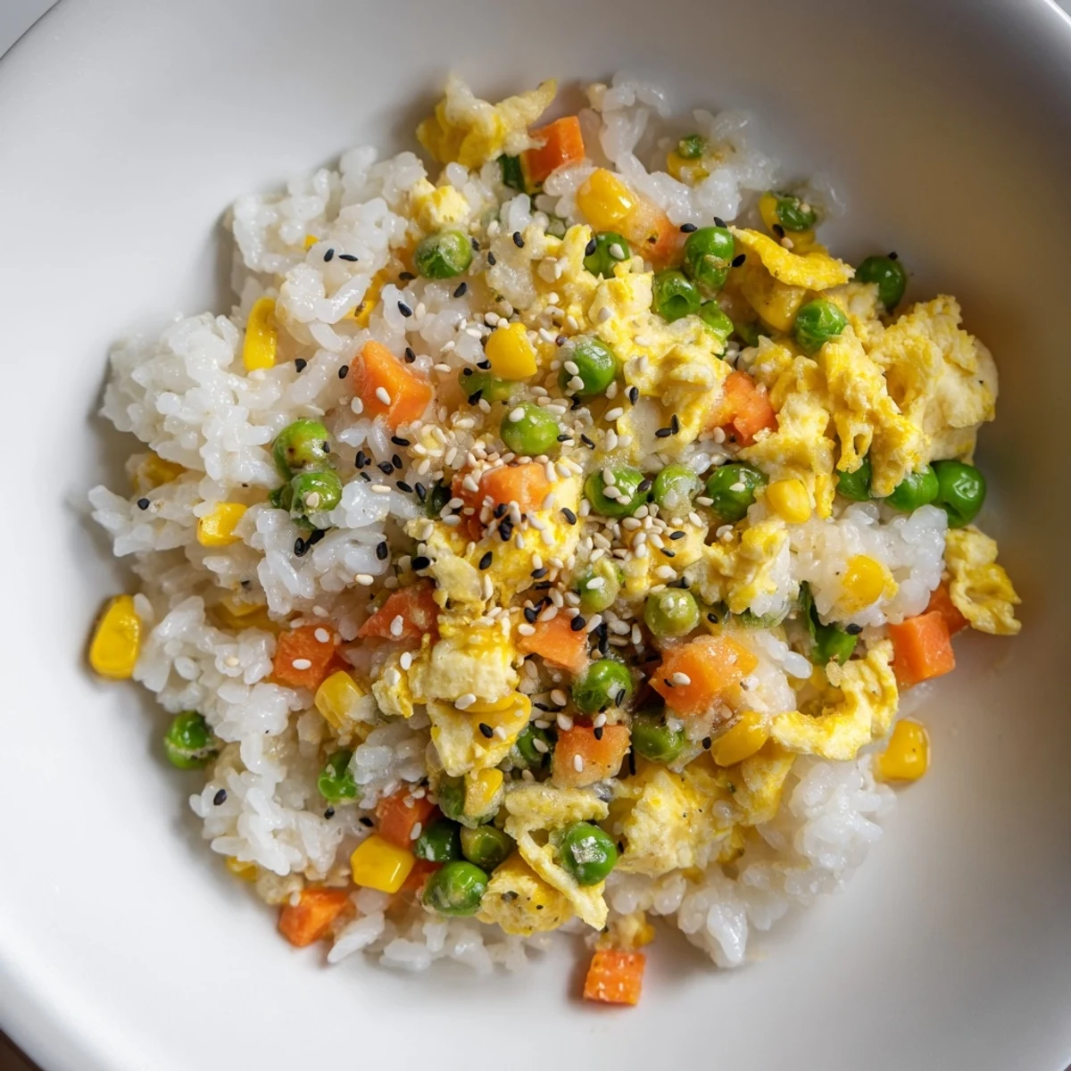Golden-brown Frozen Veggie Fried Rice with fluffy scrambled eggs, perfect for a quick dinner.