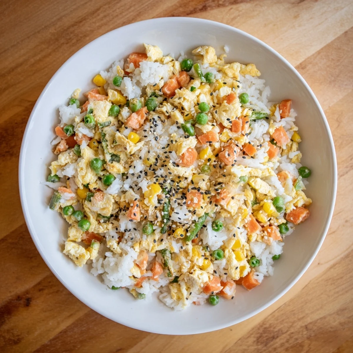 Delicious and colorful Frozen Veggie Fried Rice, ready to eat with sesame seeds on top.