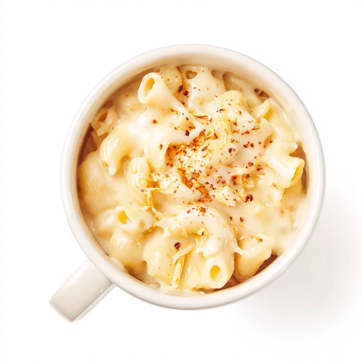 Steaming hot mug mac & cheese, a single serving of cheesy comfort, ready in minutes.