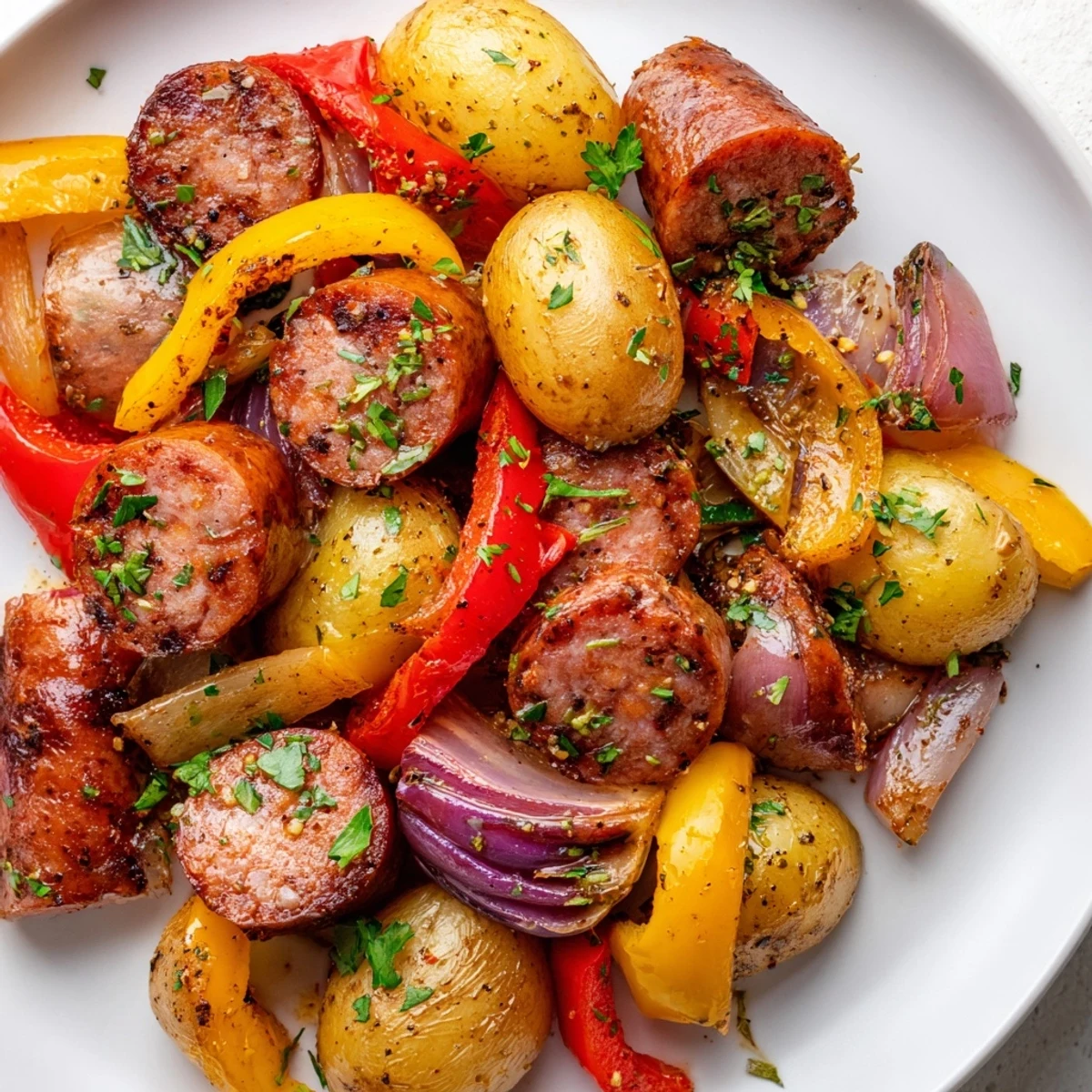 Roasted Sheet-Pan Sausage with Peppers showing a vibrant medley of colorful vegetables and perfectly browned sausages.