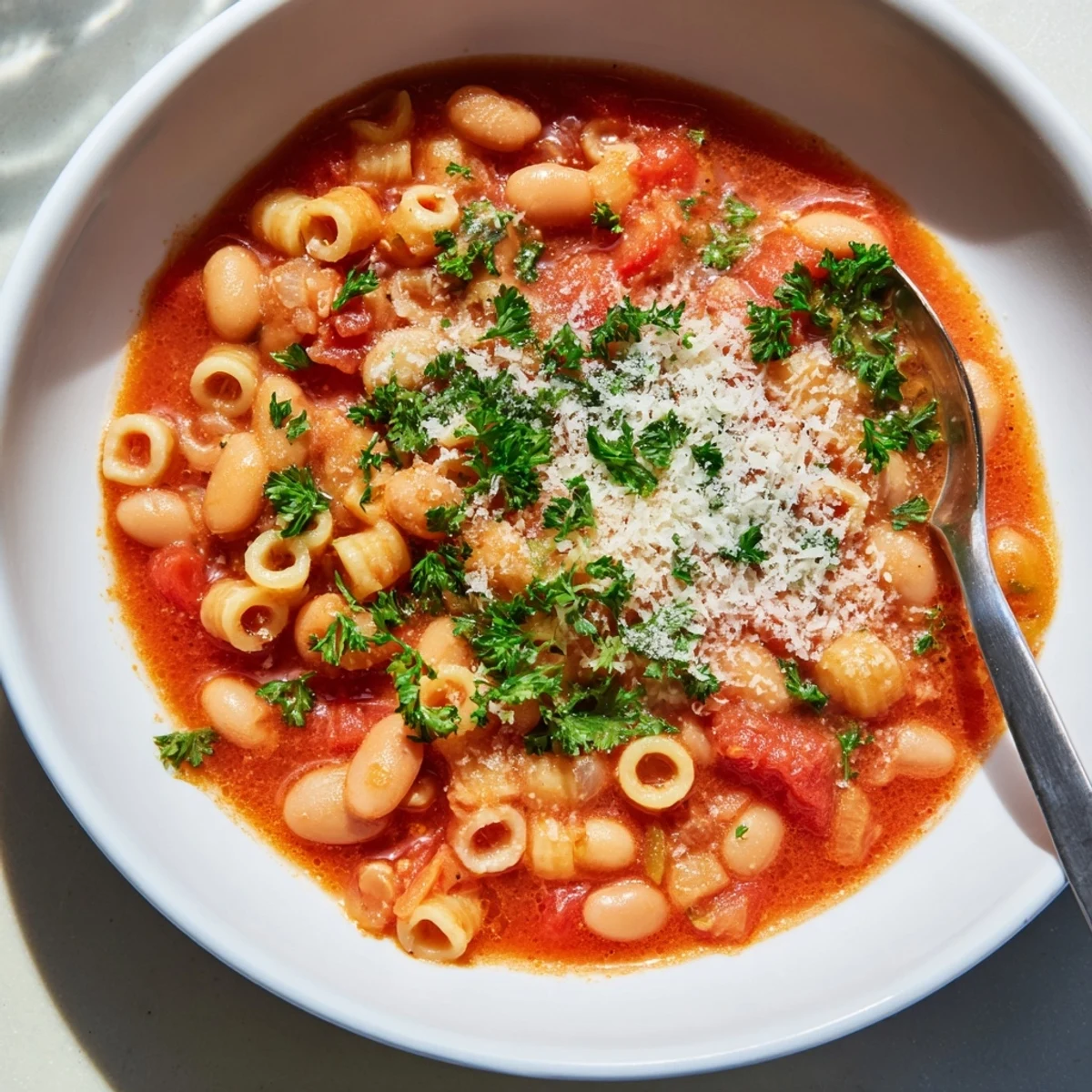 A close-up of a rustic bowl of Pasta e Fagioli Soup, full of beans and perfectly cooked pasta, is very inviting.