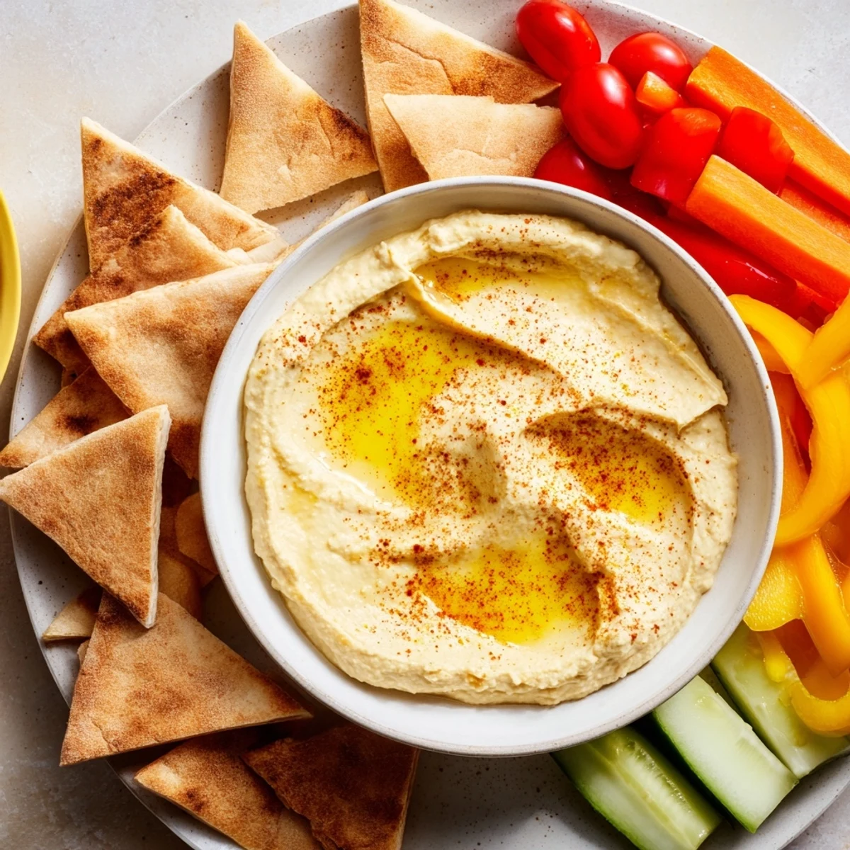 A vibrant picture of homemade hummus with warm pita bread and fresh veggie sticks.