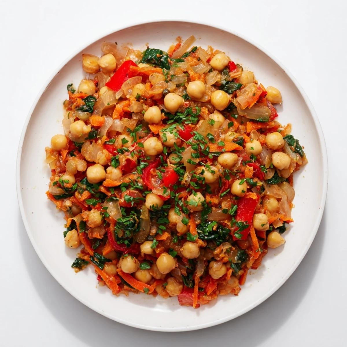 A steaming skillet of Vegetarian Chickpea & Spinach, a healthy one-pan meal, colorful and aromatic.