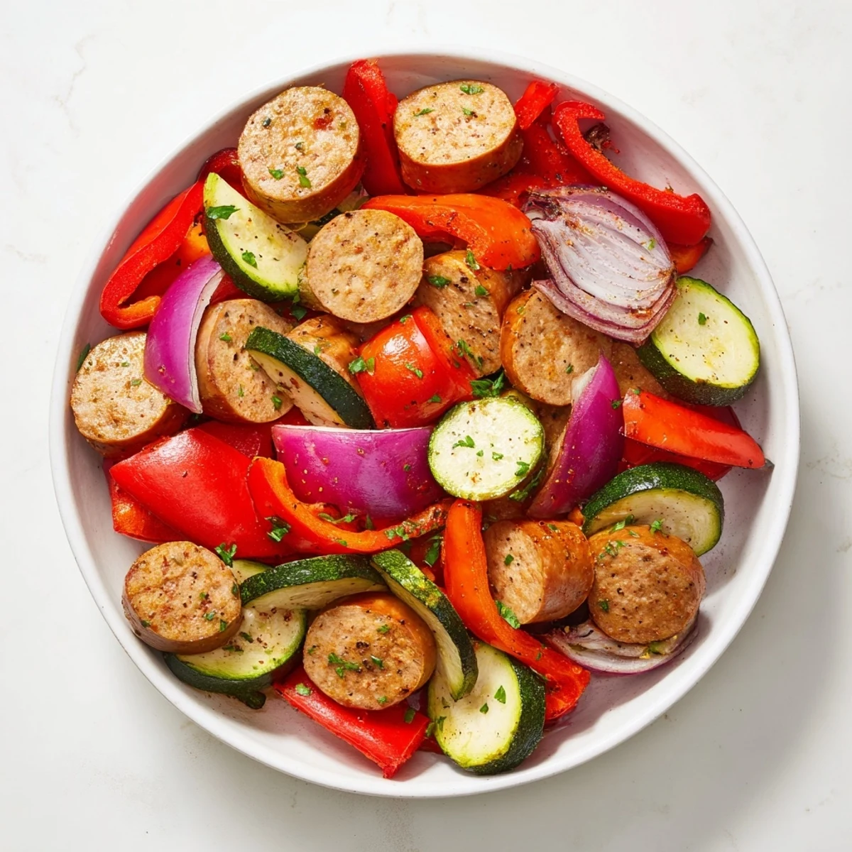 Sheet-pan roasted veggies and sausage: Golden brown roasted vegetables and savory sausage ready for serving.
