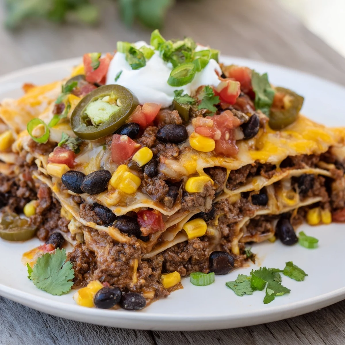 Hearty, layered taco lasagna with melted cheese, showcasing a comforting Tex-Mex family meal.