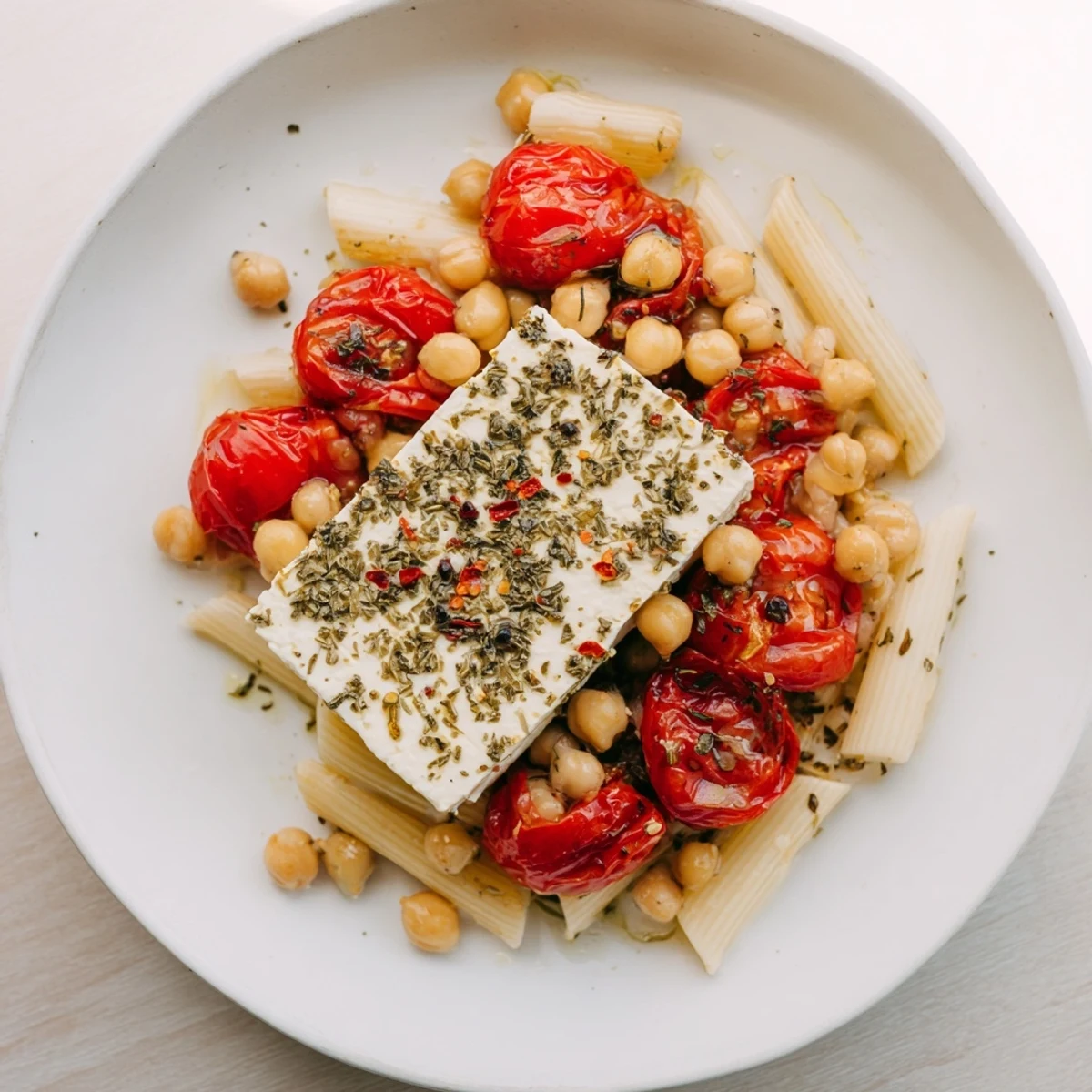 Baked feta chickpea and tomato dish, creamy feta melting into roasted tomatoes, ready to serve over pasta.