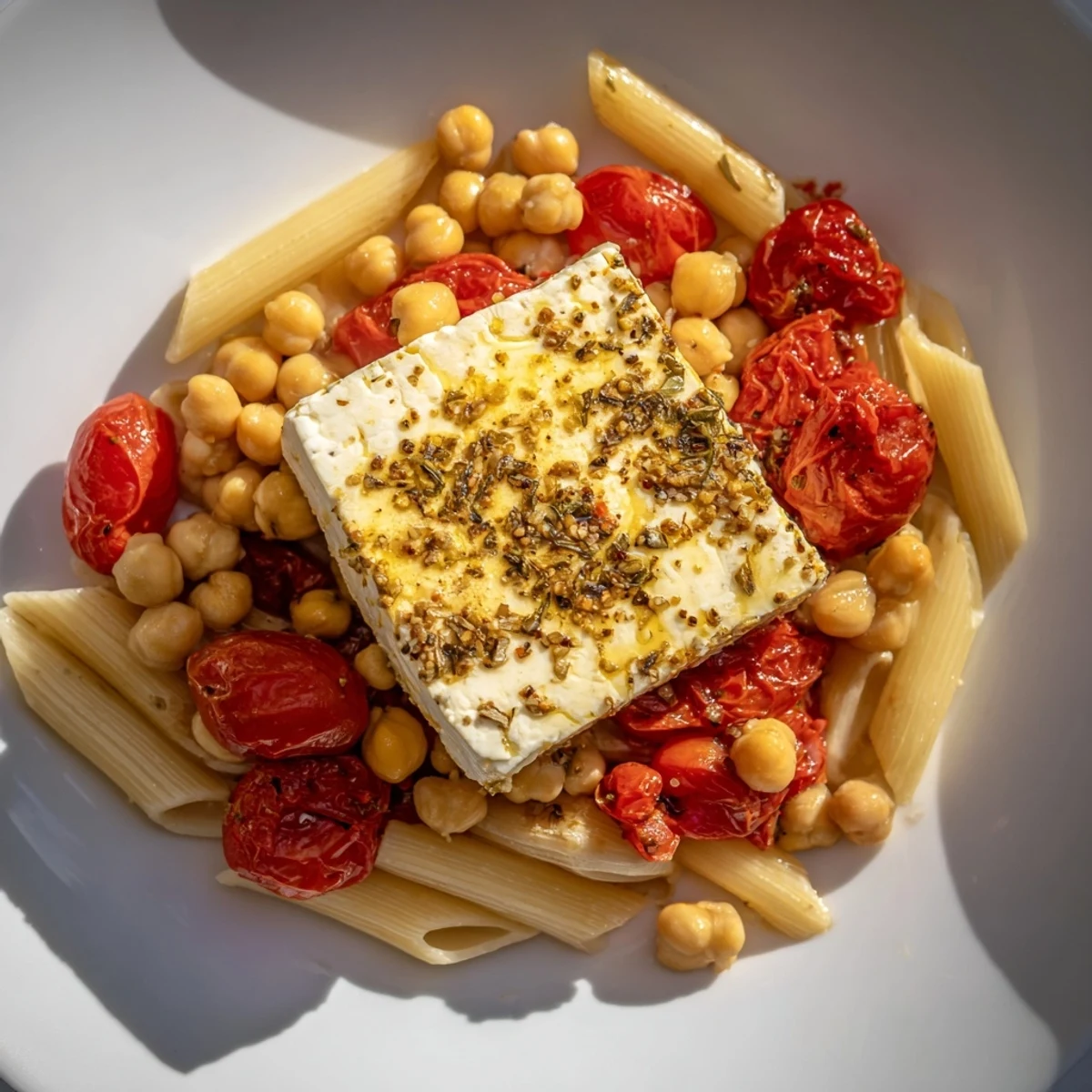 Golden-baked feta with chickpeas and tomatoes, a flavorful Mediterranean meal over fluffy rice.