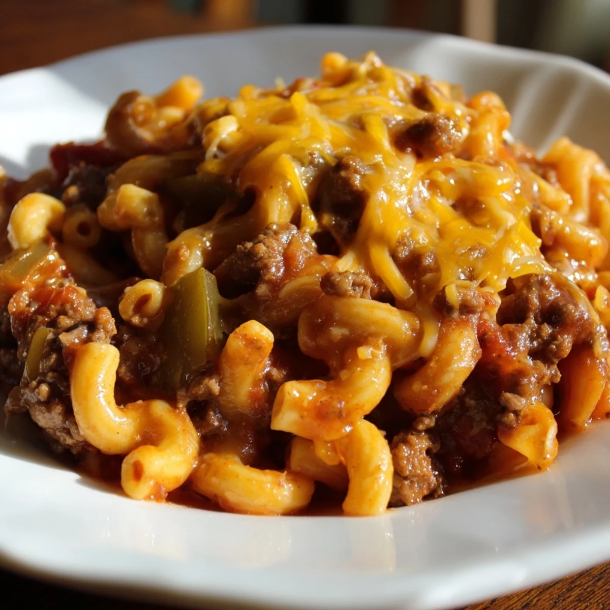 Golden, bubbly Hamburger Casserole topped with melted cheese, a comforting family meal ready to serve.