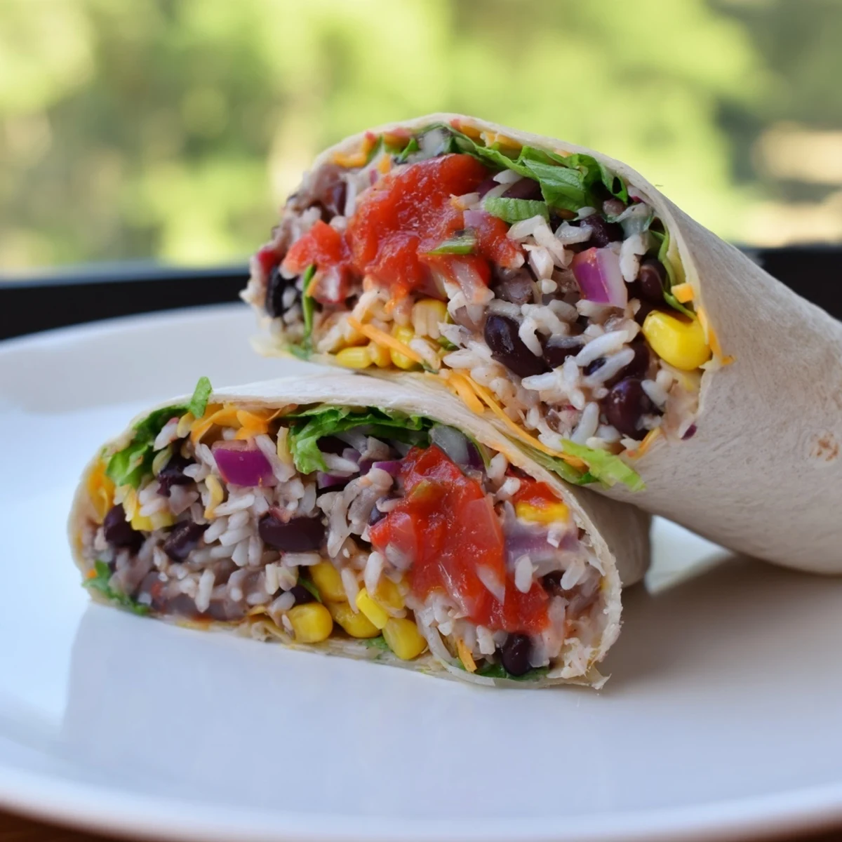 Steaming hot Rice & Bean Burritos, packed with colorful veggies and savory beans, ready to eat.