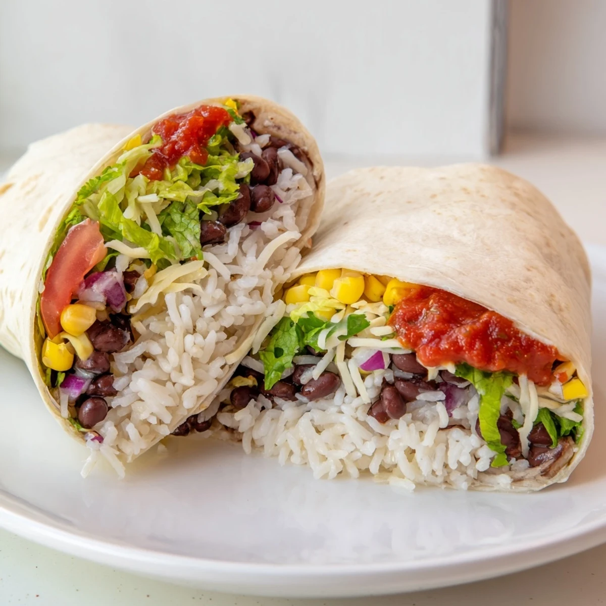 A close-up of a delicious Rice & Bean Burrito showing the filling, perfectly folded and ready to enjoy.