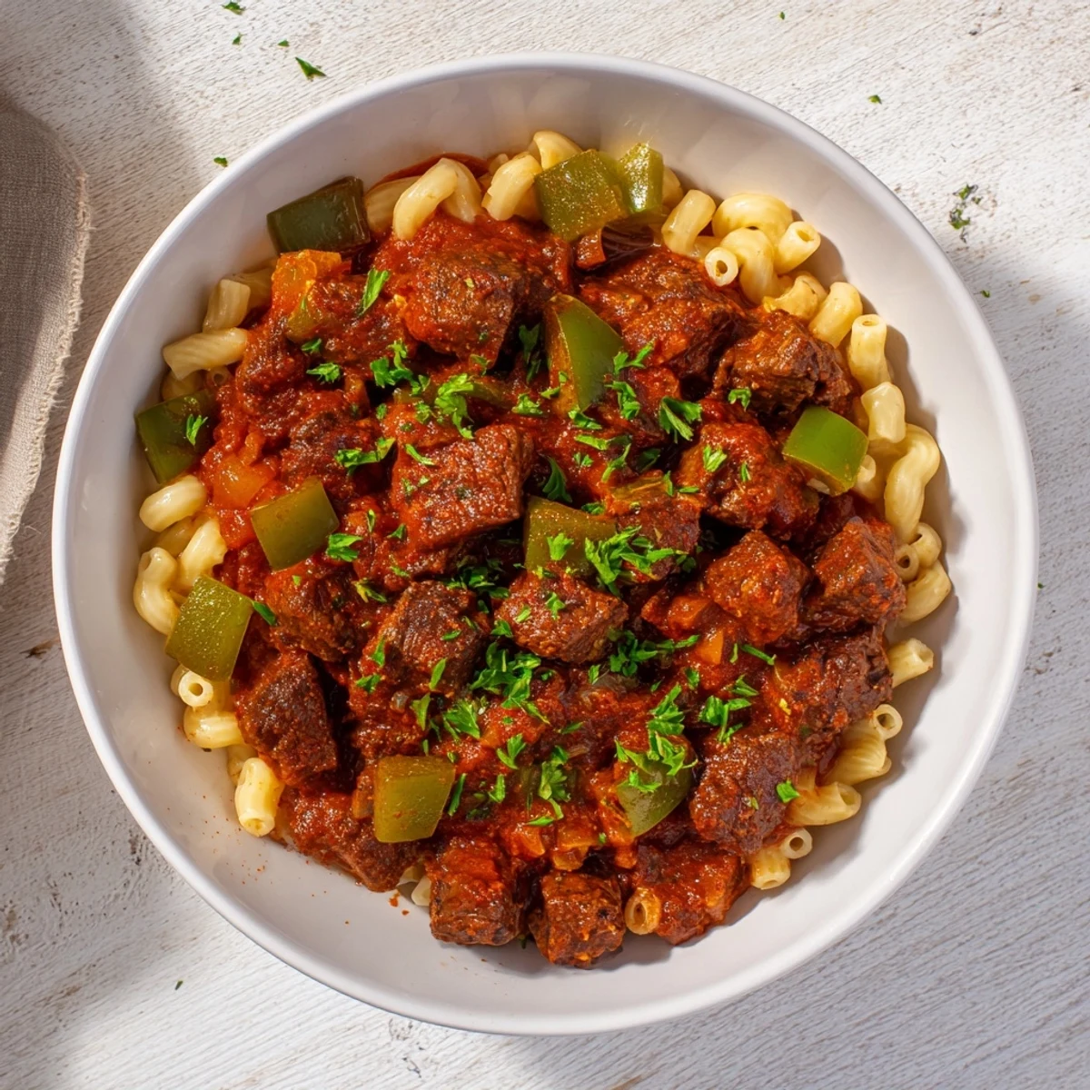 Homemade goulash, a classic American family meal made with beef, pasta, herbs, and spices.