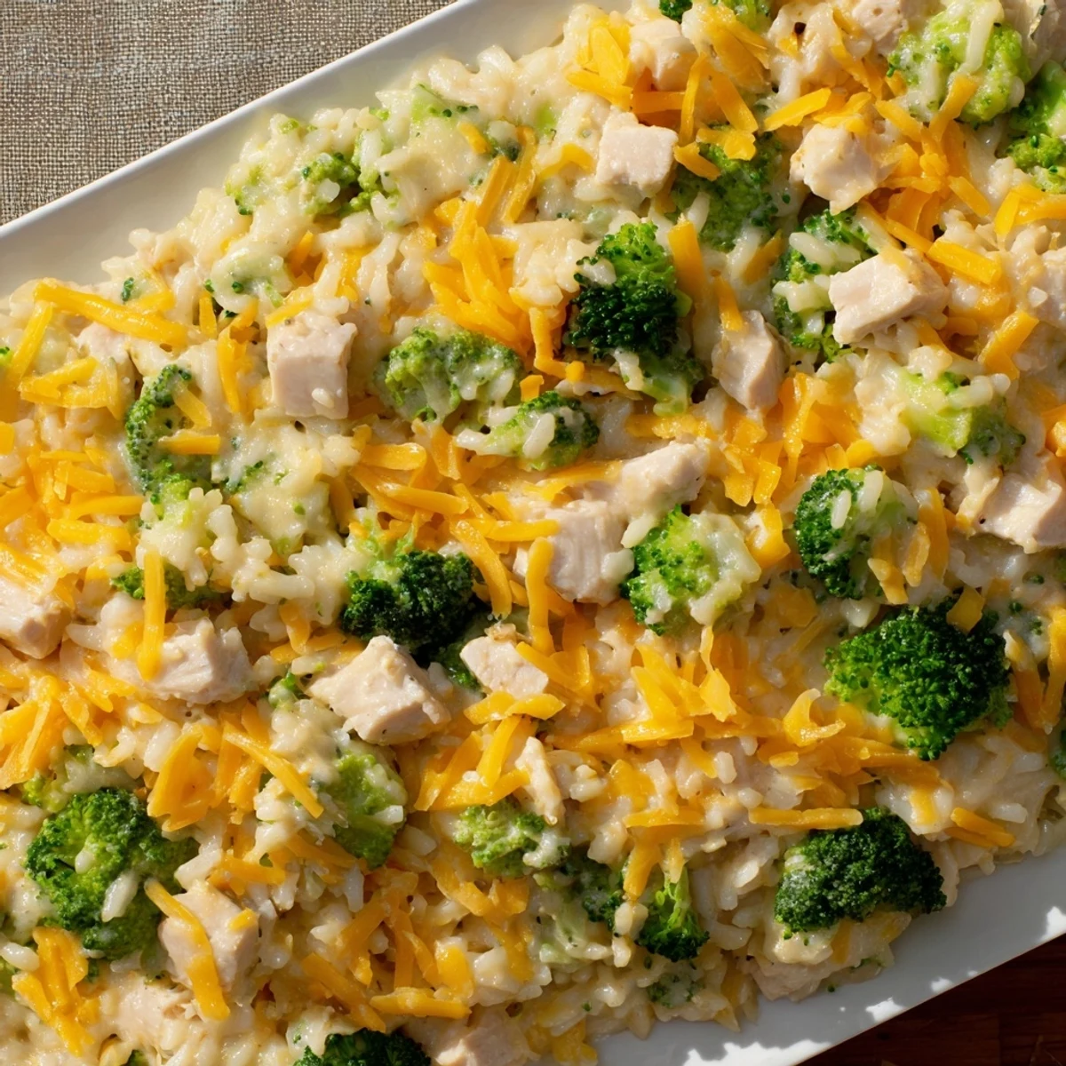 Golden-brown Chicken & Broccoli Rice Casserole, bubbly and hot, ready for a comforting family meal.