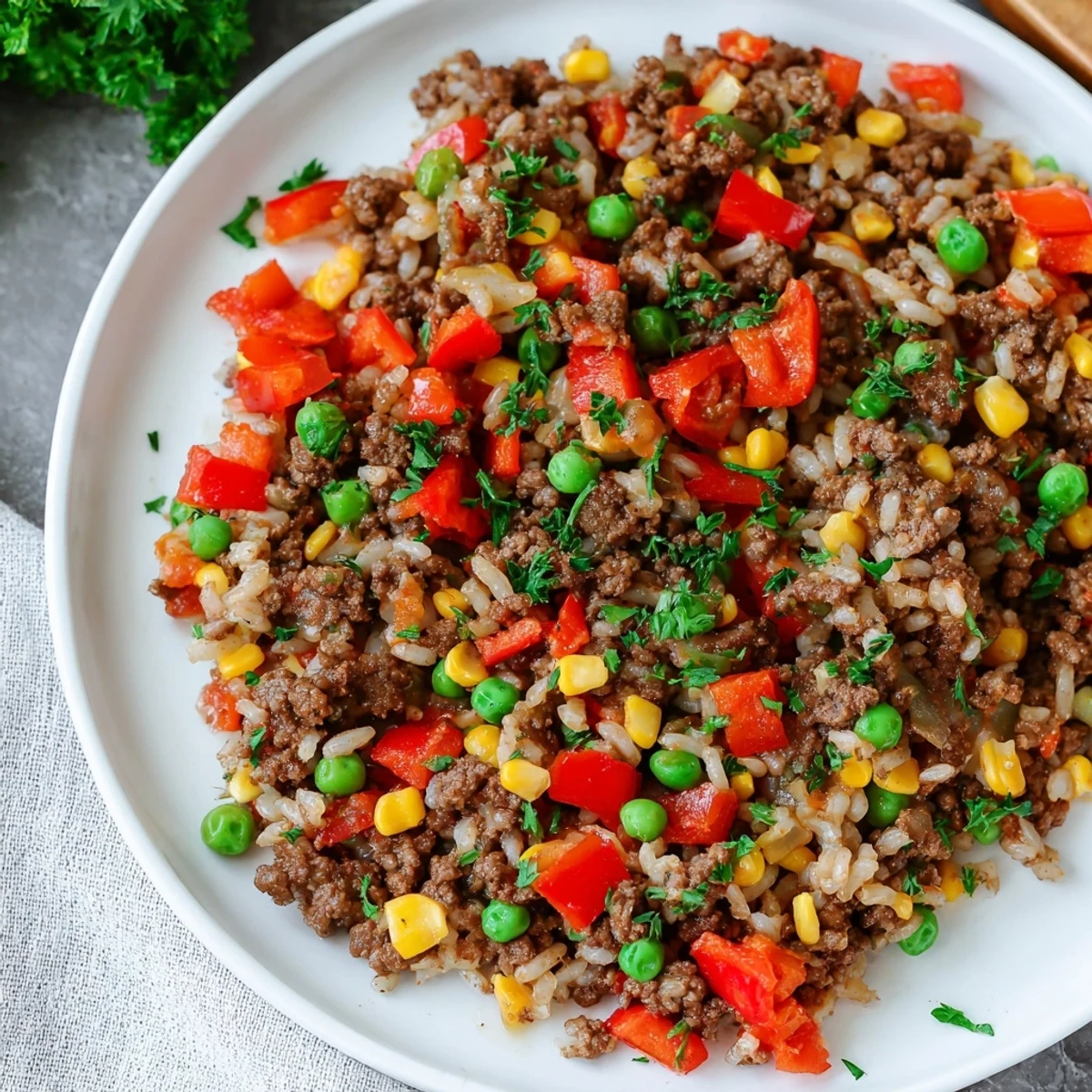 A delicious, steaming skillet of Ground Beef with Veggies & Rice ready to serve.