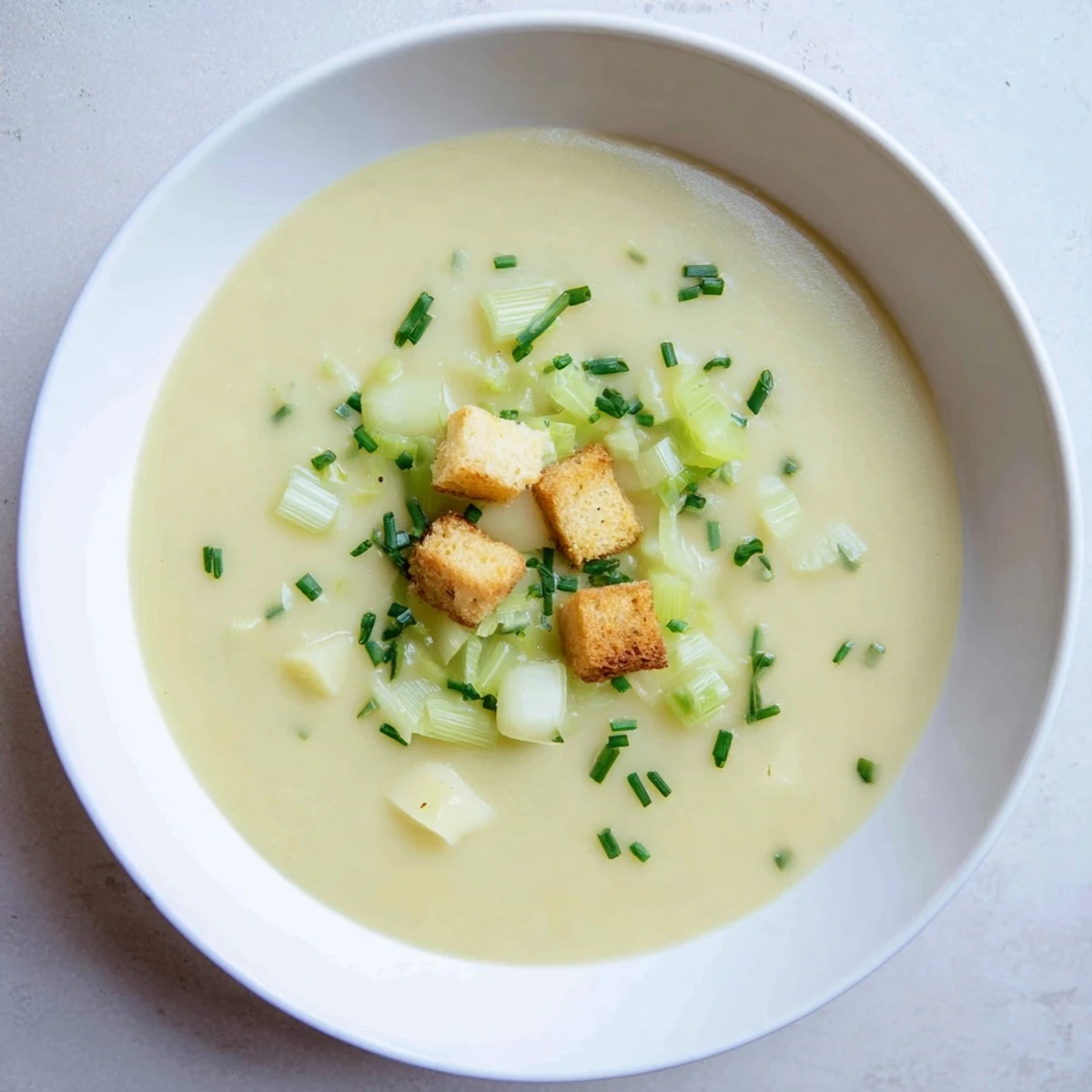 Steaming bowl of Potato Leek Soup, perfectly smooth and garnished with fresh green chives.