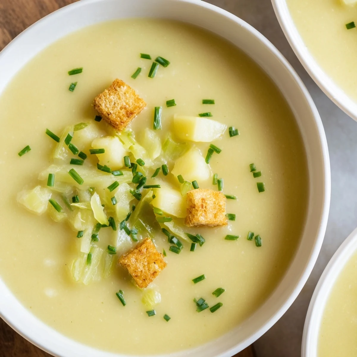 Creamy textured image of a bowl of homemade Potato Leek Soup, ready to be enjoyed.