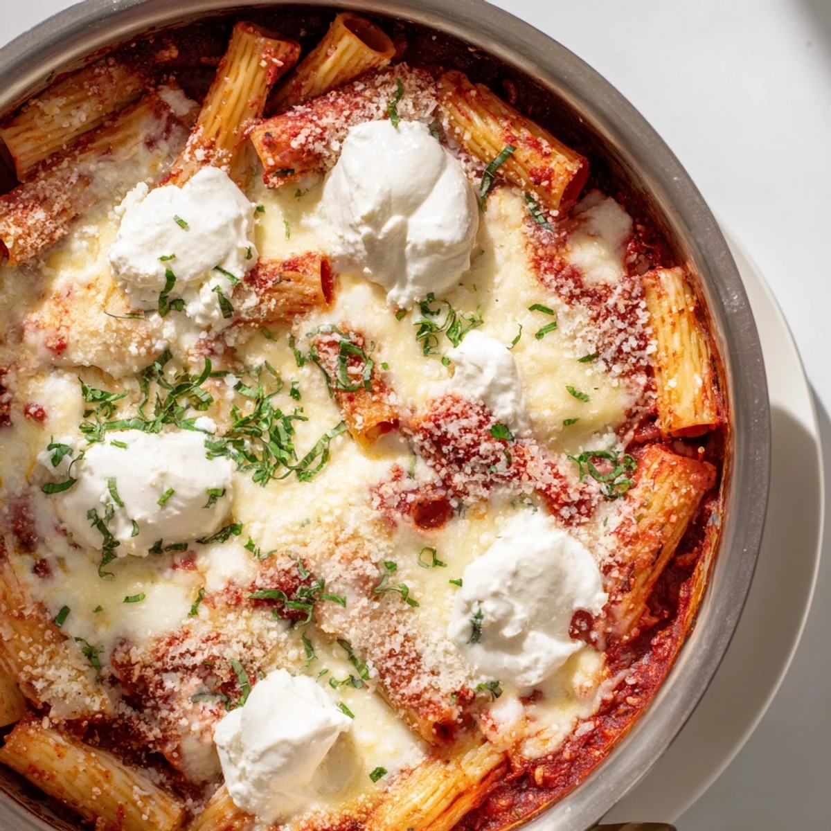 Steaming hot One-Pan Baked Ziti topped with bubbling mozzarella and a sprinkle of fresh basil, ready to serve.