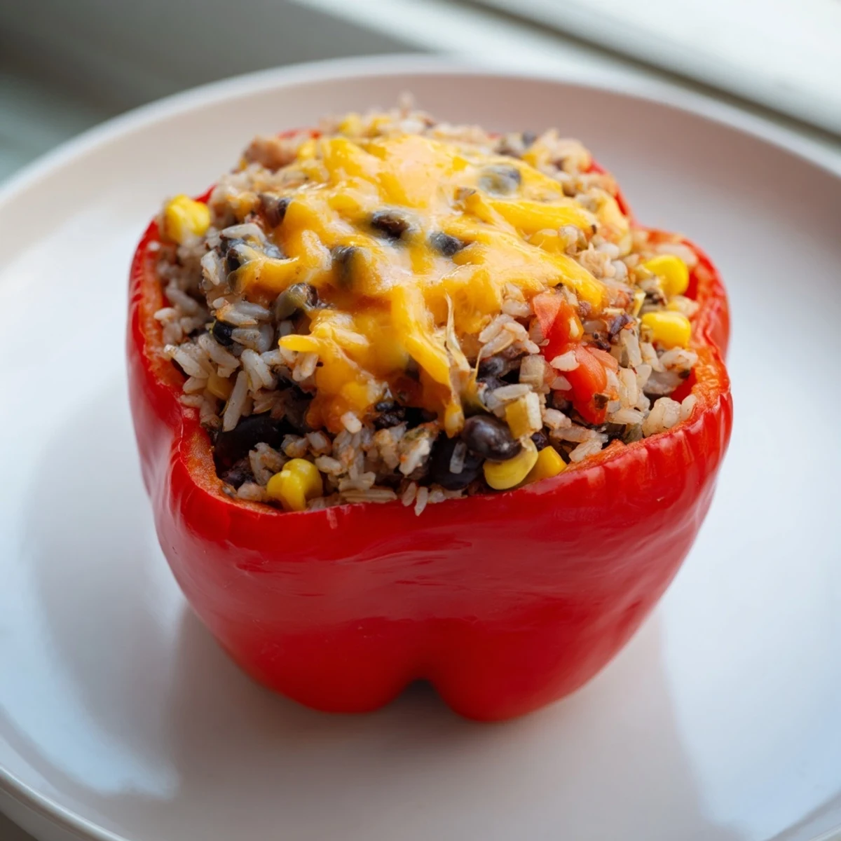 Melted cheese bubbling on top of baked Stuffed Bell Peppers, featuring a colorful mix of ingredients.