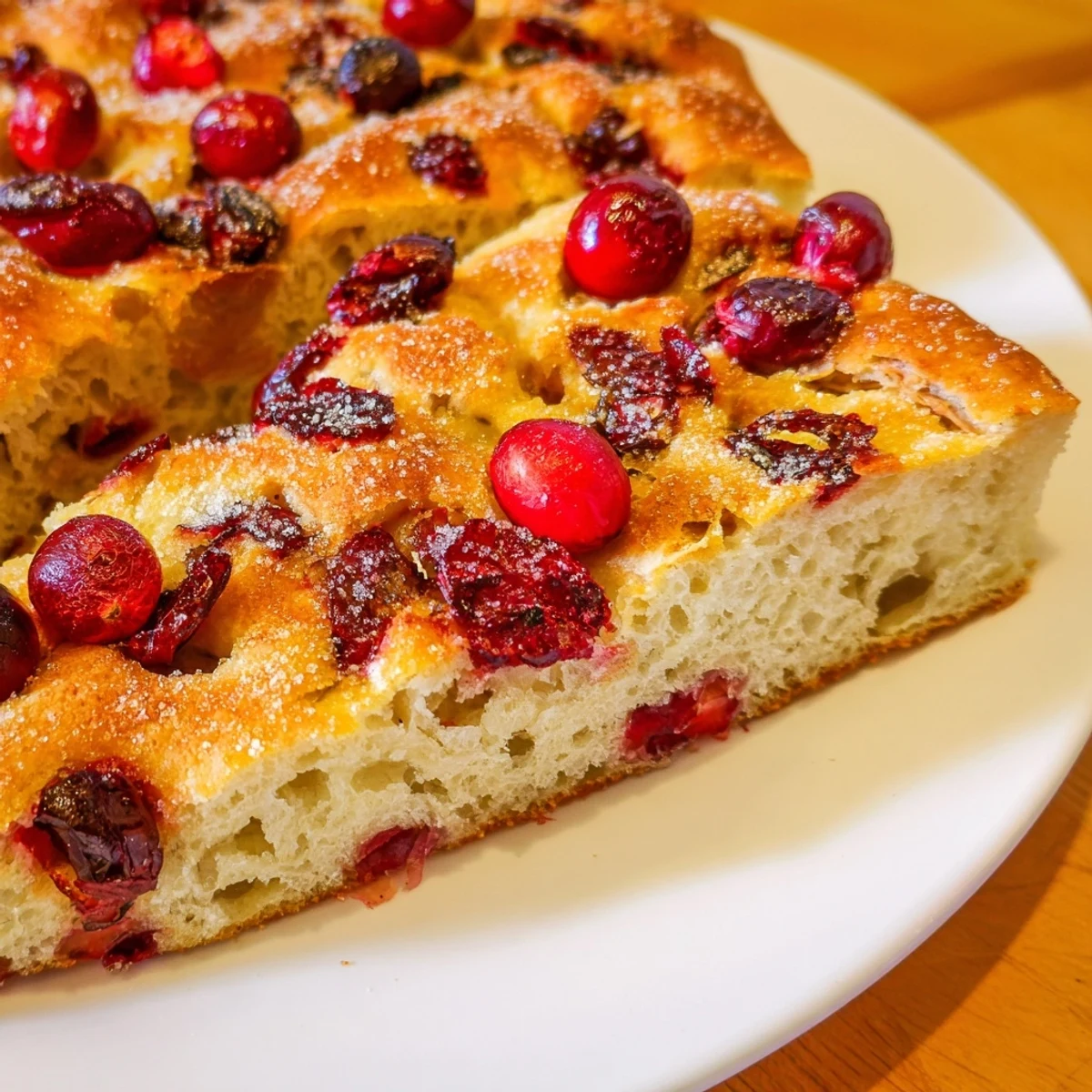 This delicious, homemade Cranberry Orange No-Knead Focaccia displays a satisfyingly crisp, olive oil crust.