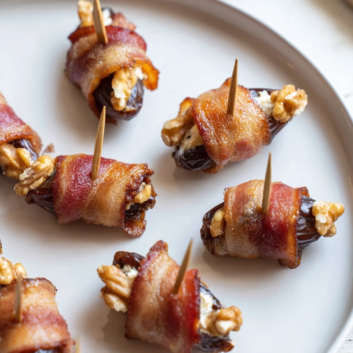 Golden bacon wrapping creamy, walnut-stuffed dates; a delicious appetizer ready to serve.