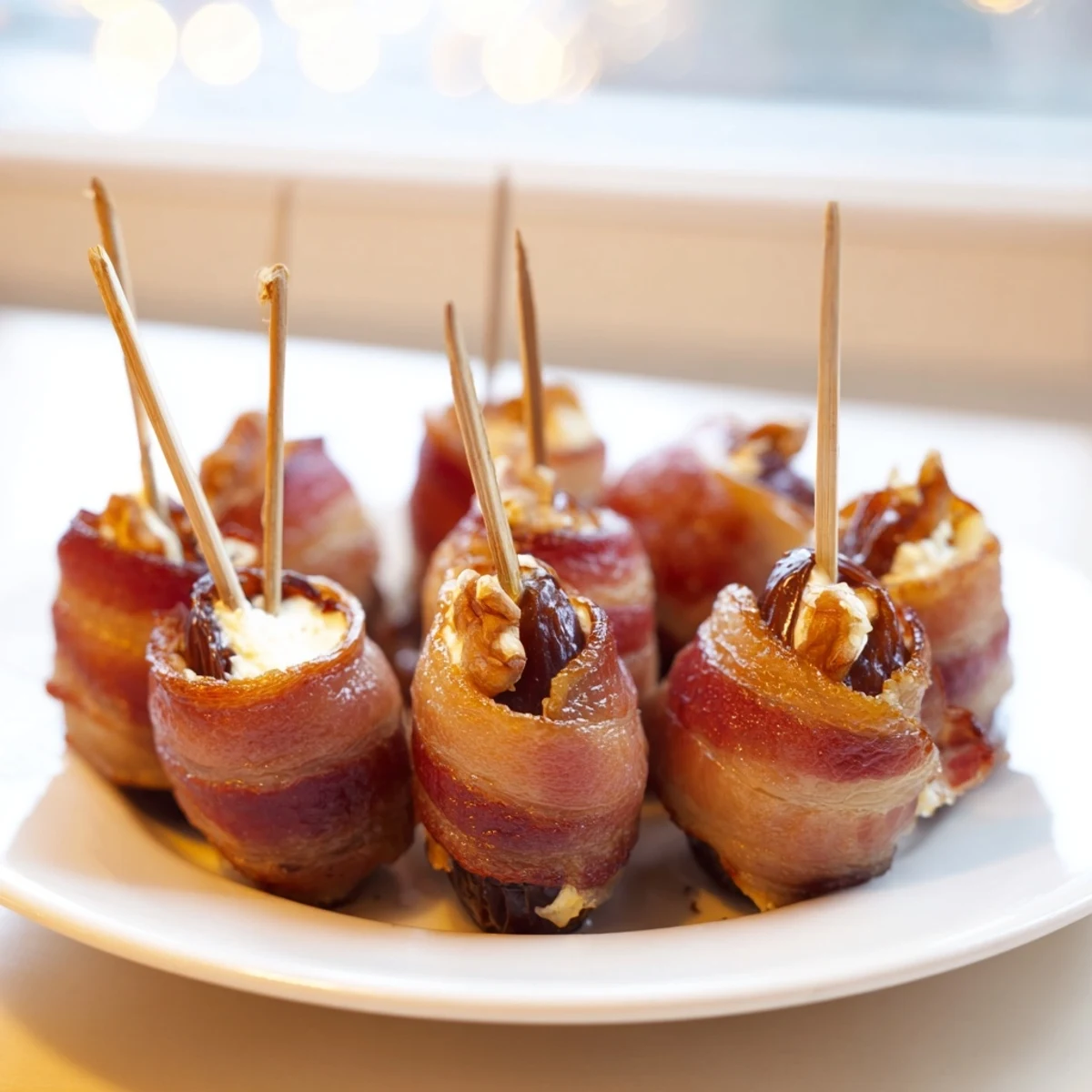 Smoky bacon embracing sweet dates filled with cream cheese and crunchy walnut halves.