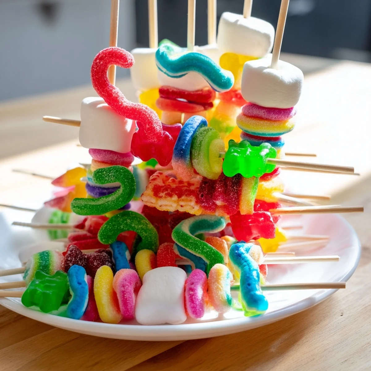 Gummy Candy Kabobs bursting with colorful gummy bears and worms, perfect for a kids' party treat.