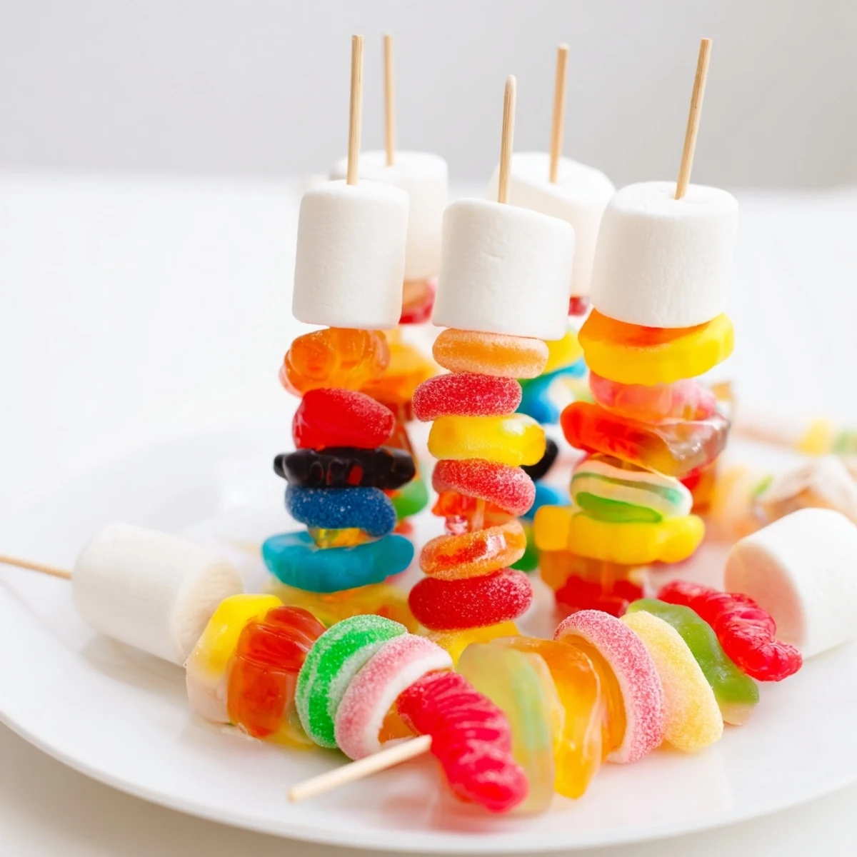 Vibrant Gummy Candy Kabobs, featuring gummy rings and fruits, are a fun and easy dessert to make.